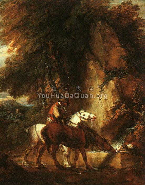 Wooded Landscape with Mounted Drover - 托马斯·庚斯博罗